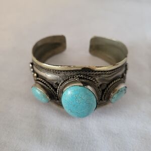 Turquoise Stone Silver Cuff Bracelet - Unbranded